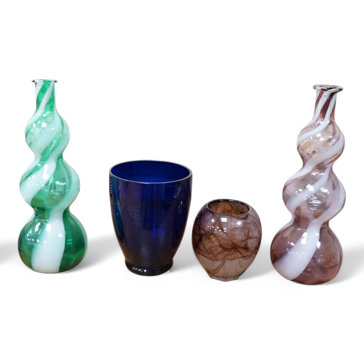 Two Italian Empoli glass bottles and two other vases, largest 40cm high. Condition - good